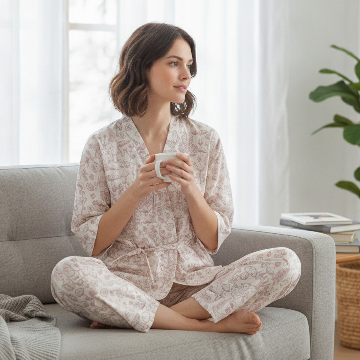 Pyjama Long Femme en Coton Imprimé V-Neck - Confort & Style