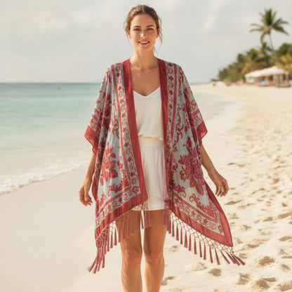 Kimono Court Fleuri en Nylon et Velours pour Femme - Style National