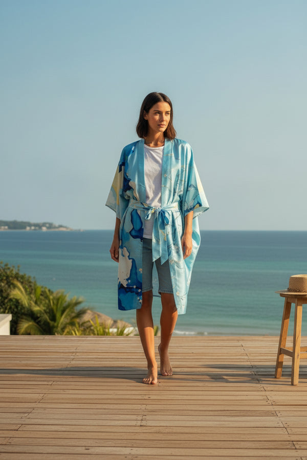 Kimono Long Bohème Imprimé Polyester Femme - Style Léger et Fleuri