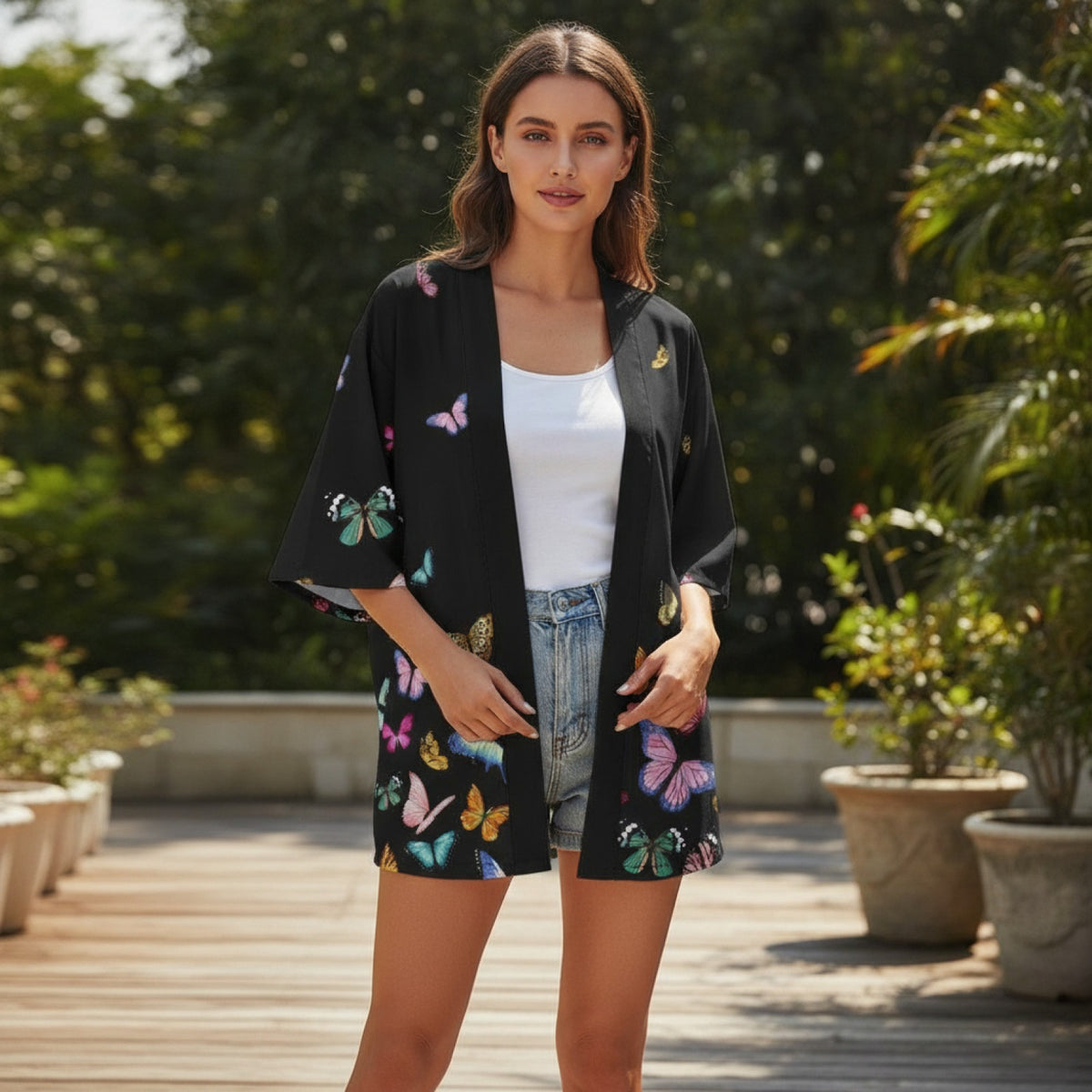 Kimono Court Femme Style Sakura Papillon - Polyester Léger et Respirant