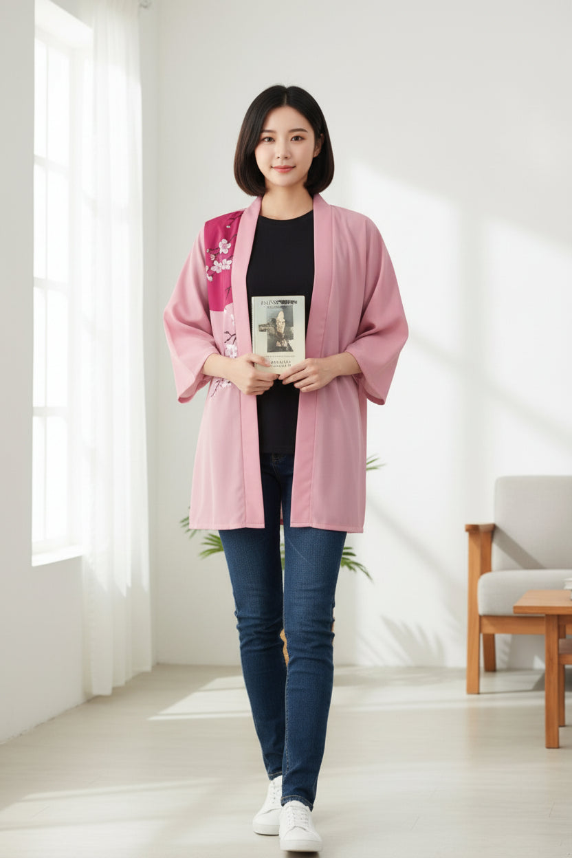 Kimono Court Fleuri Polyester Femme - Style Traditionnel