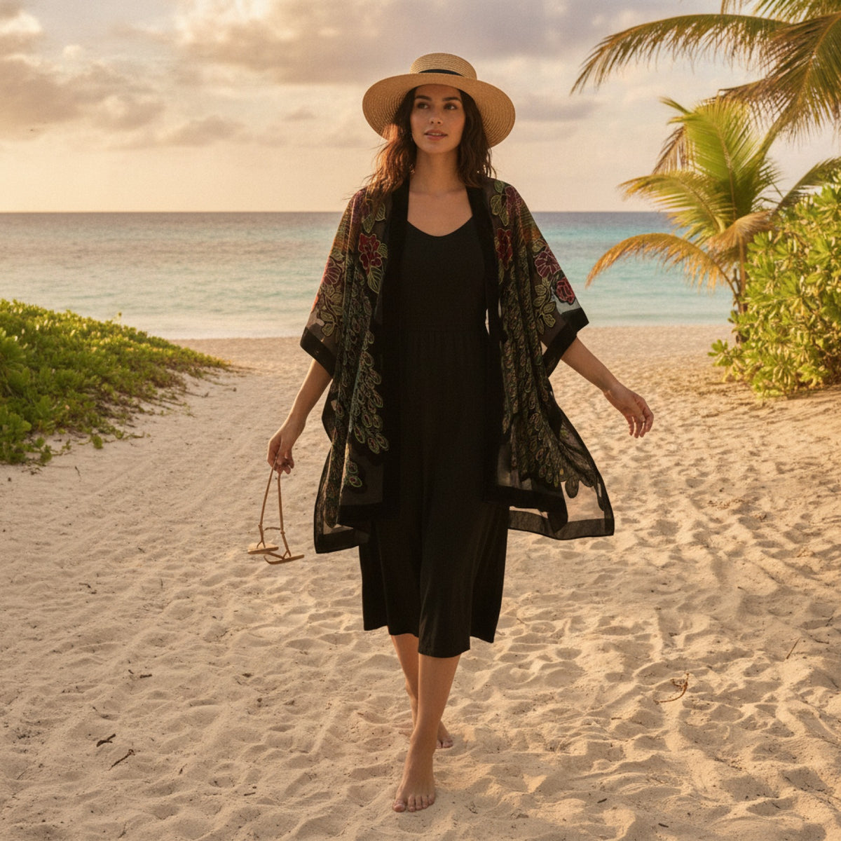 Kimono Court Fleuri Femme WeHello en Nylon et Velours