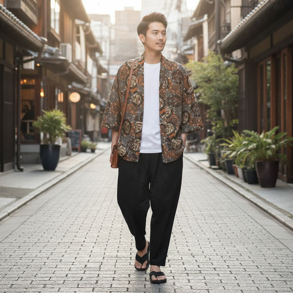 Kimono Court Homme Coton Lin Style Asiatique Traditionnel