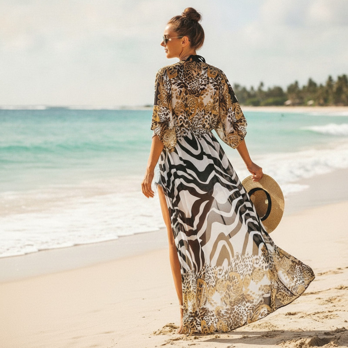 Kimono Long Plage Femme Motif Léopard Bohème Chic
