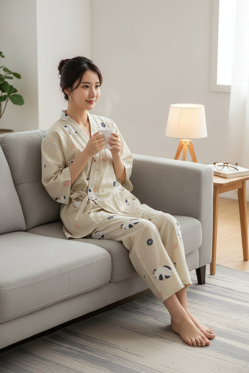 Pyjama Femme en Coton V-Neck Imprimé Panda - Confort Printemps
