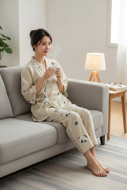 Pyjama Femme en Coton V-Neck Imprimé Panda - Confort Printemps