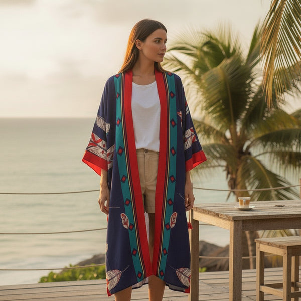 Kimono Long Bohème Femme Style Bohémien Imprimé Fleuri Manches Chauve-Souris