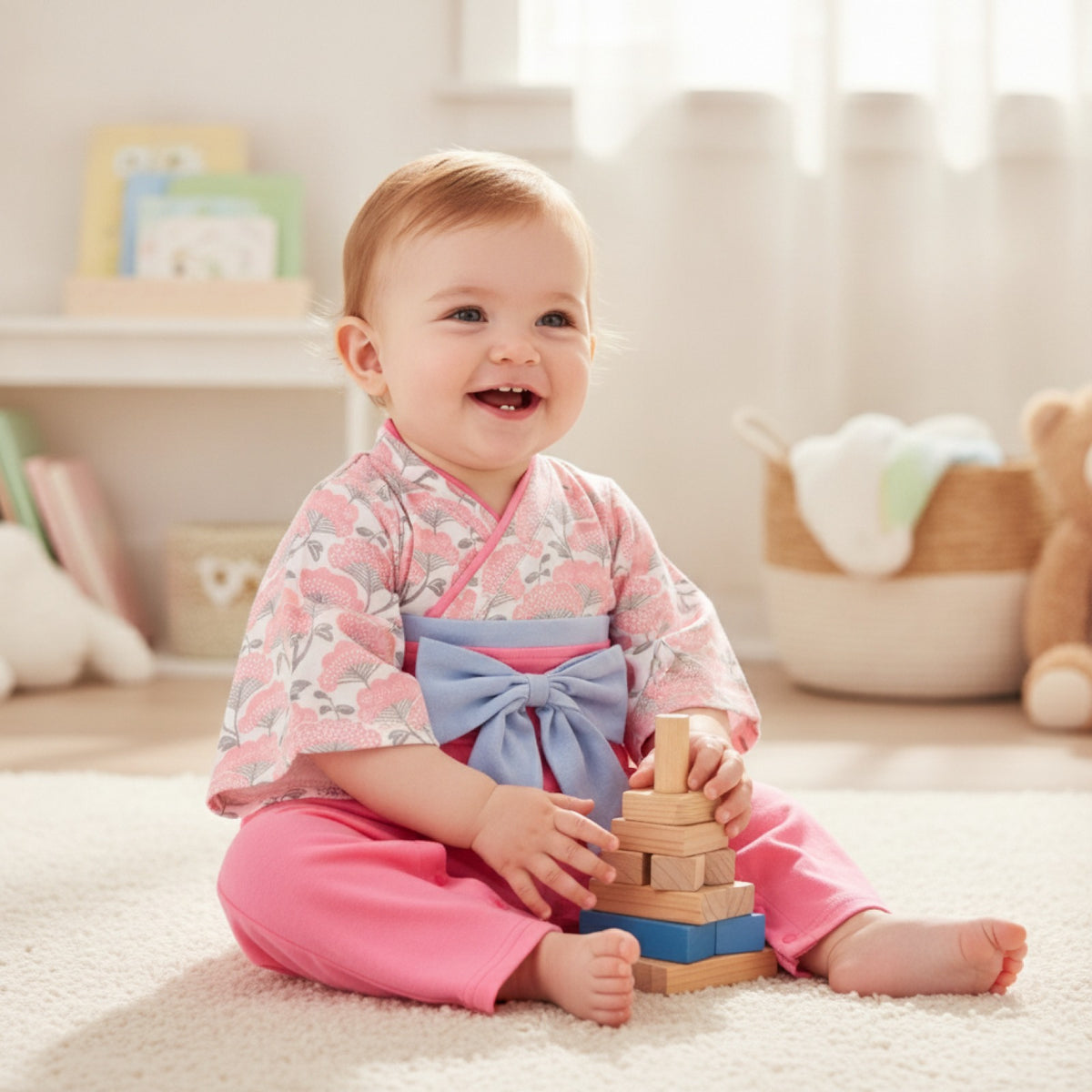 Ensemble Kimono et Pantalon Bébé Fille Style Japonais Fleuri - Doux et Confortable