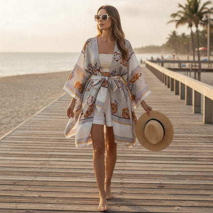 Kimono Court Fleuri Femme - Style Kaftan Léger