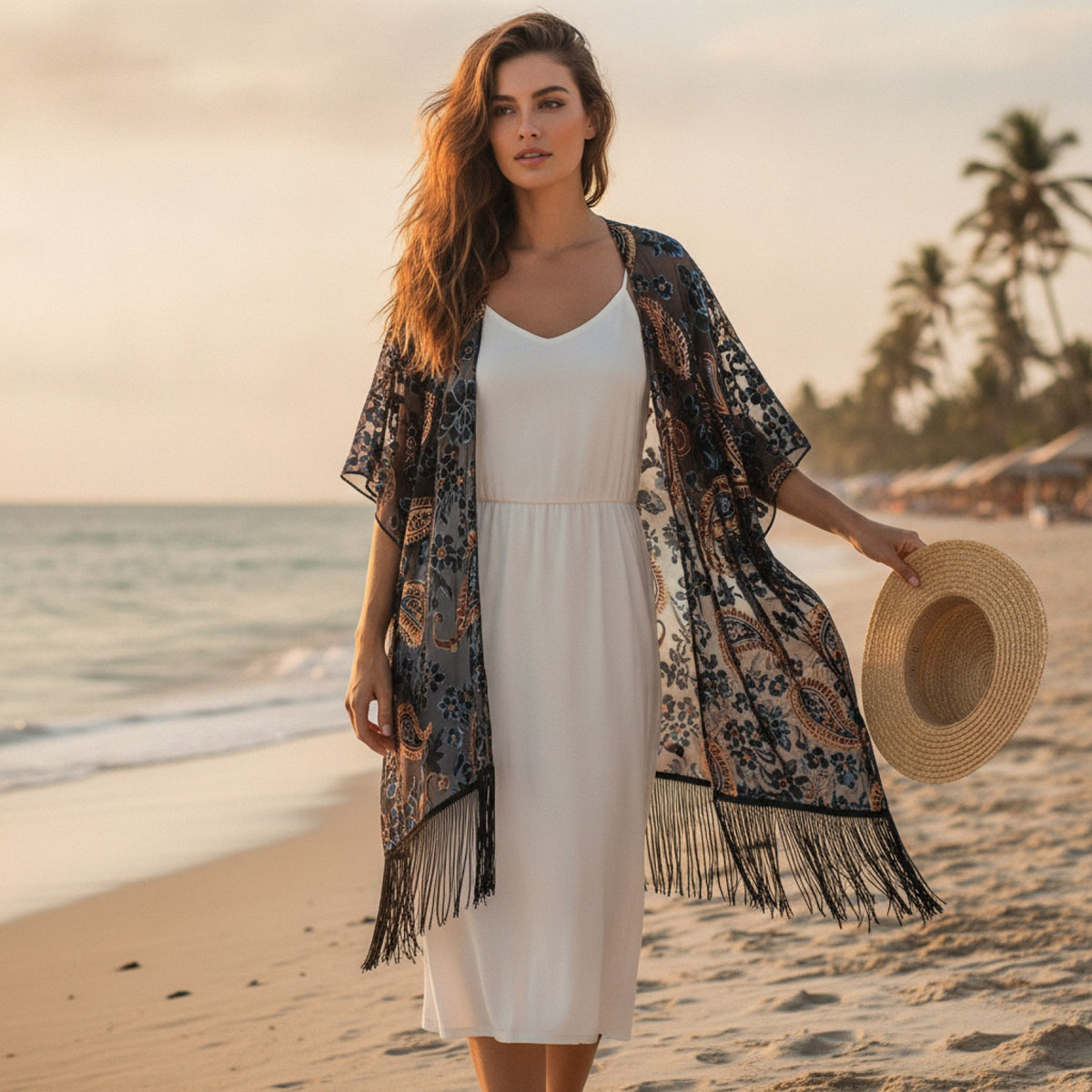 Kimono Court Fleuri en Nylon et Velours pour Femme
