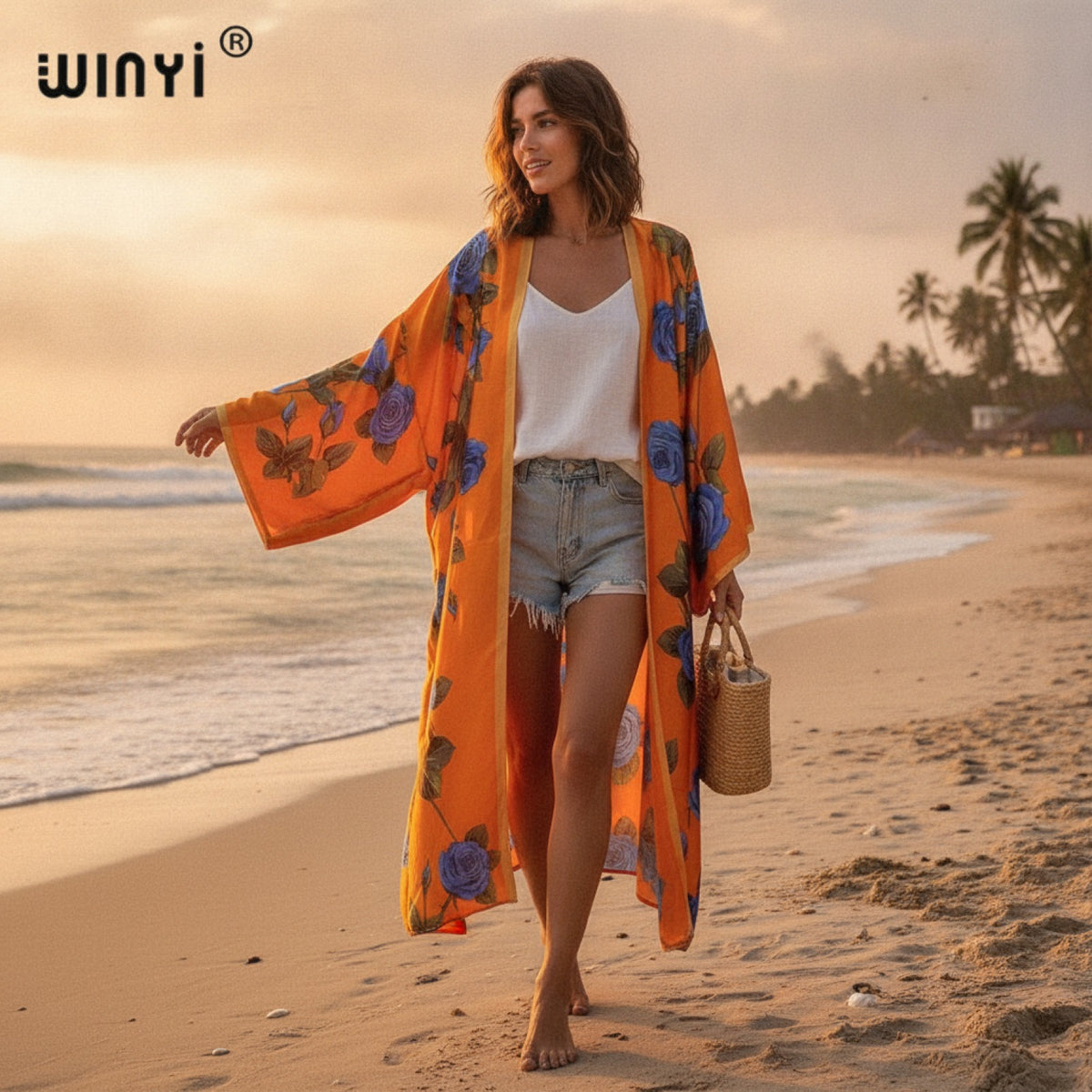 Kimono Long Bohème Imprimé Polyester pour Femme - Style Été