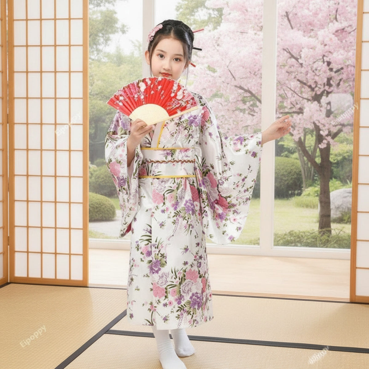 Kimono Traditionnel Fille Polyester Manches Longues