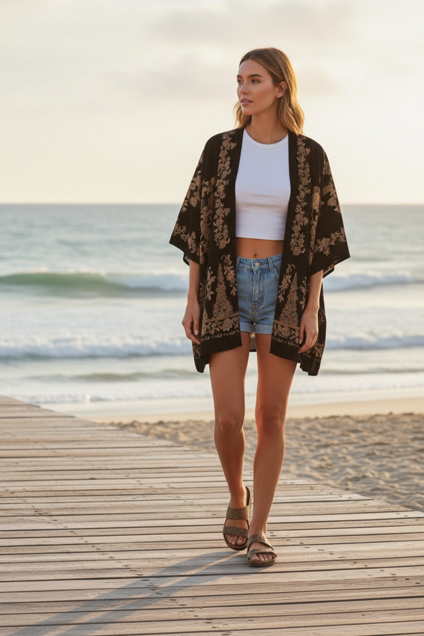 Kimono Court Fleuri Femme en Nylon et Velours - WeHello