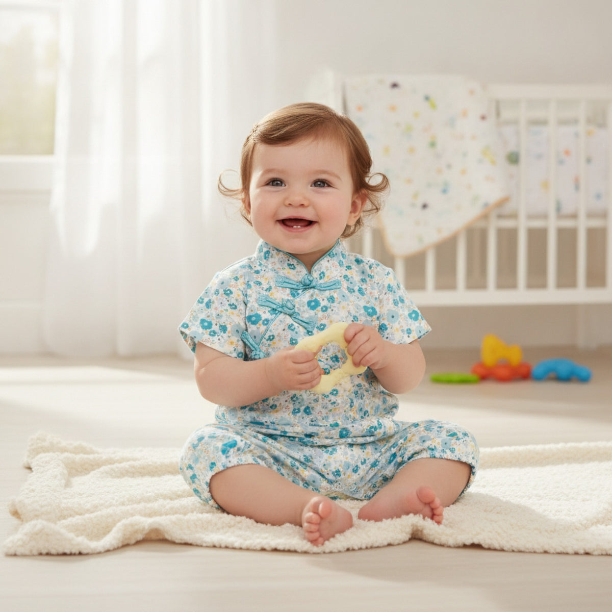 Barboteuse Bébé Fille à Manches Courtes et Imprimé Floral - Coton Mélangé