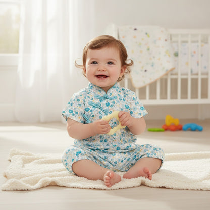 Barboteuse Bébé Fille à Manches Courtes et Imprimé Floral - Coton Mélangé