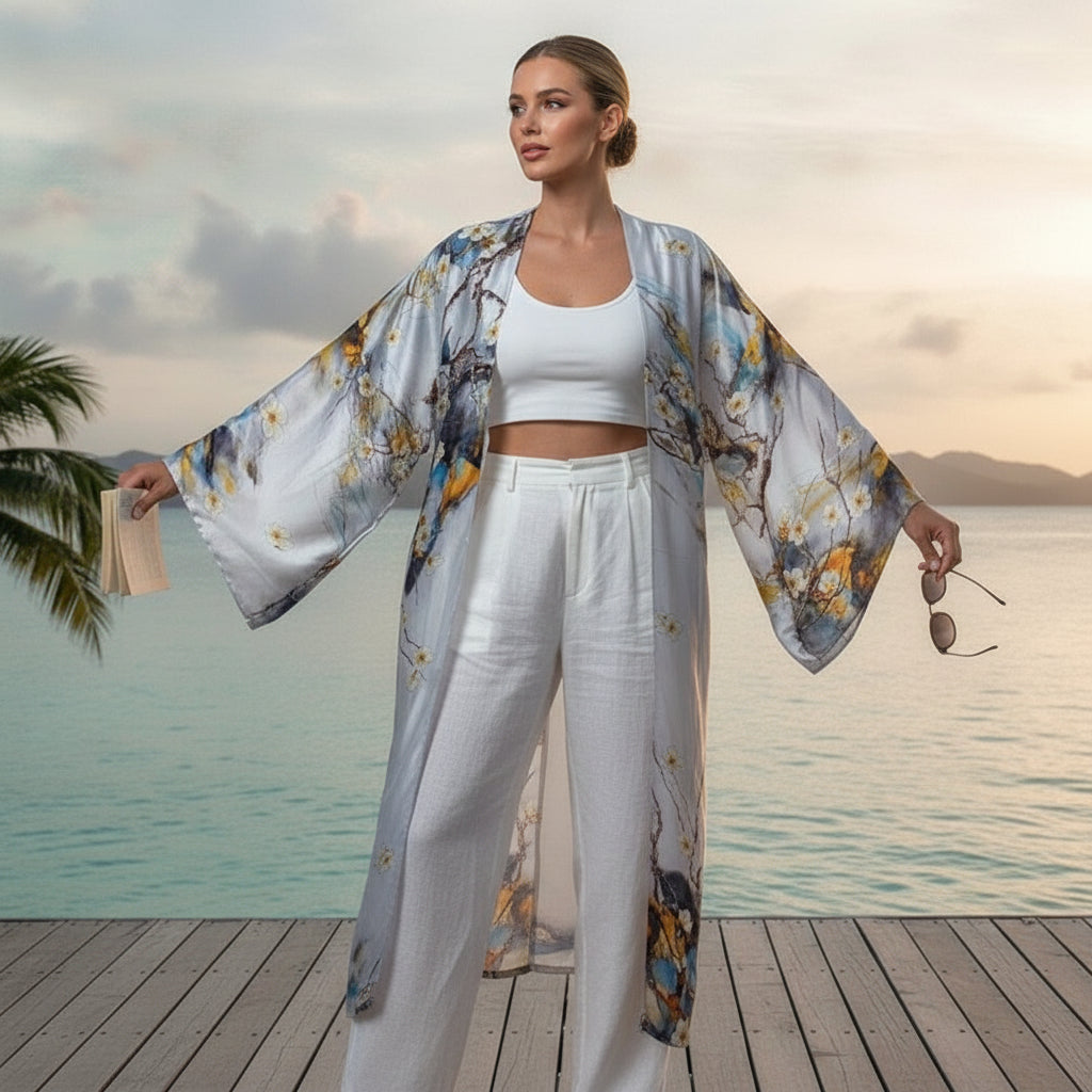 Kimono Long Bohème Imprimé Polyester Femme - Style Été 2024