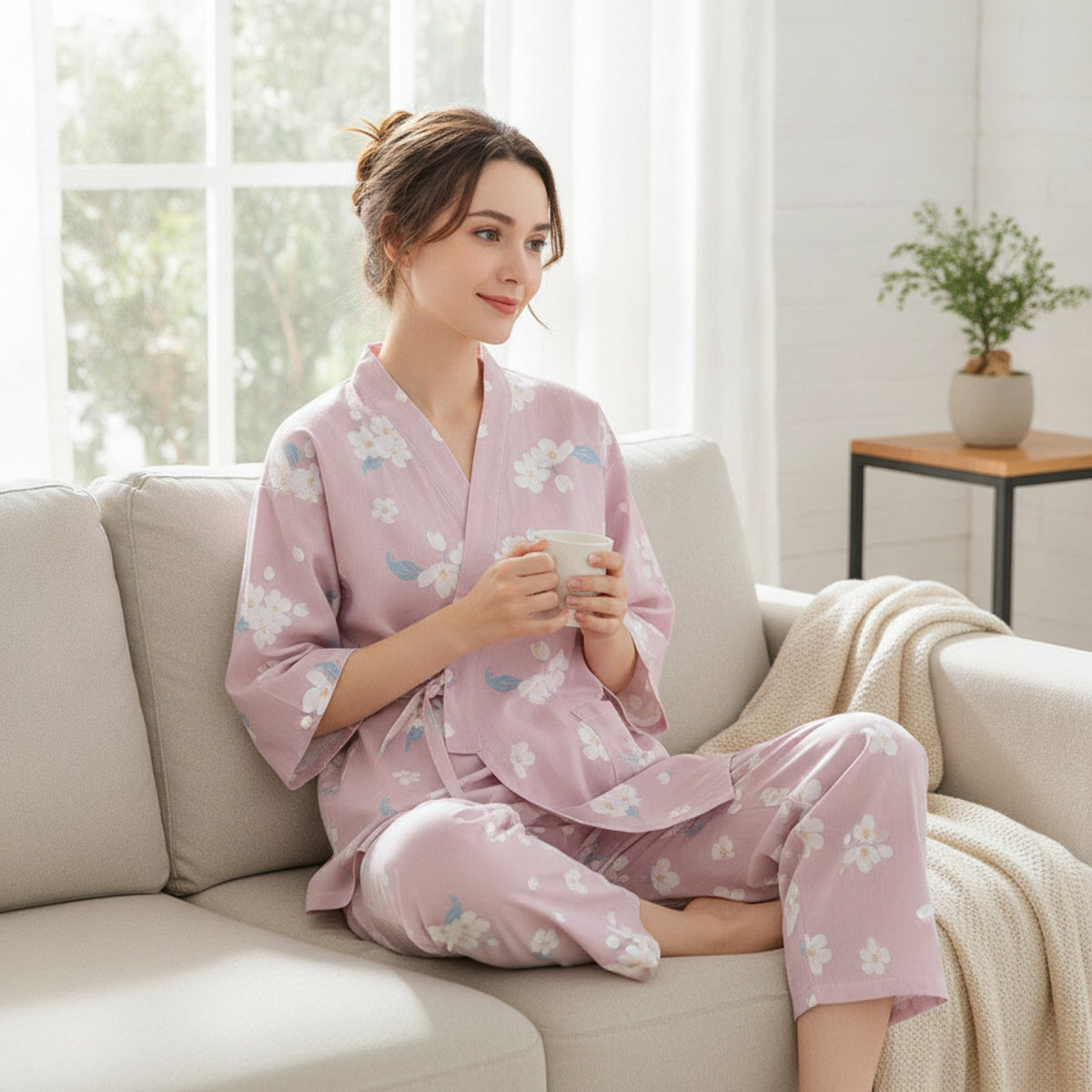 Pyjama Femme en Coton Imprimé V-Neck - CLOUD COTTON STORY