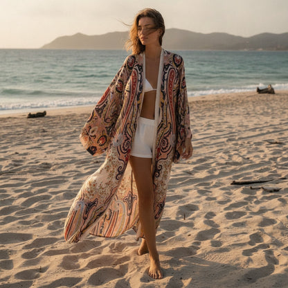Kimono Long Bohème Imprimé Polyester Femme