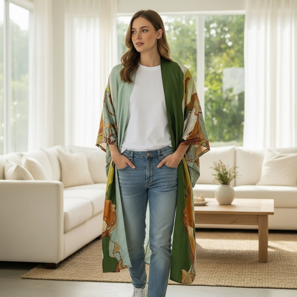 Kimono Long Bohème Imprimé "Silk Feeling" Femme - Polyester