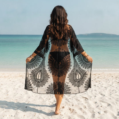 Kimono Long Fleuri Transparent pour Femme - Style Bohème Chic