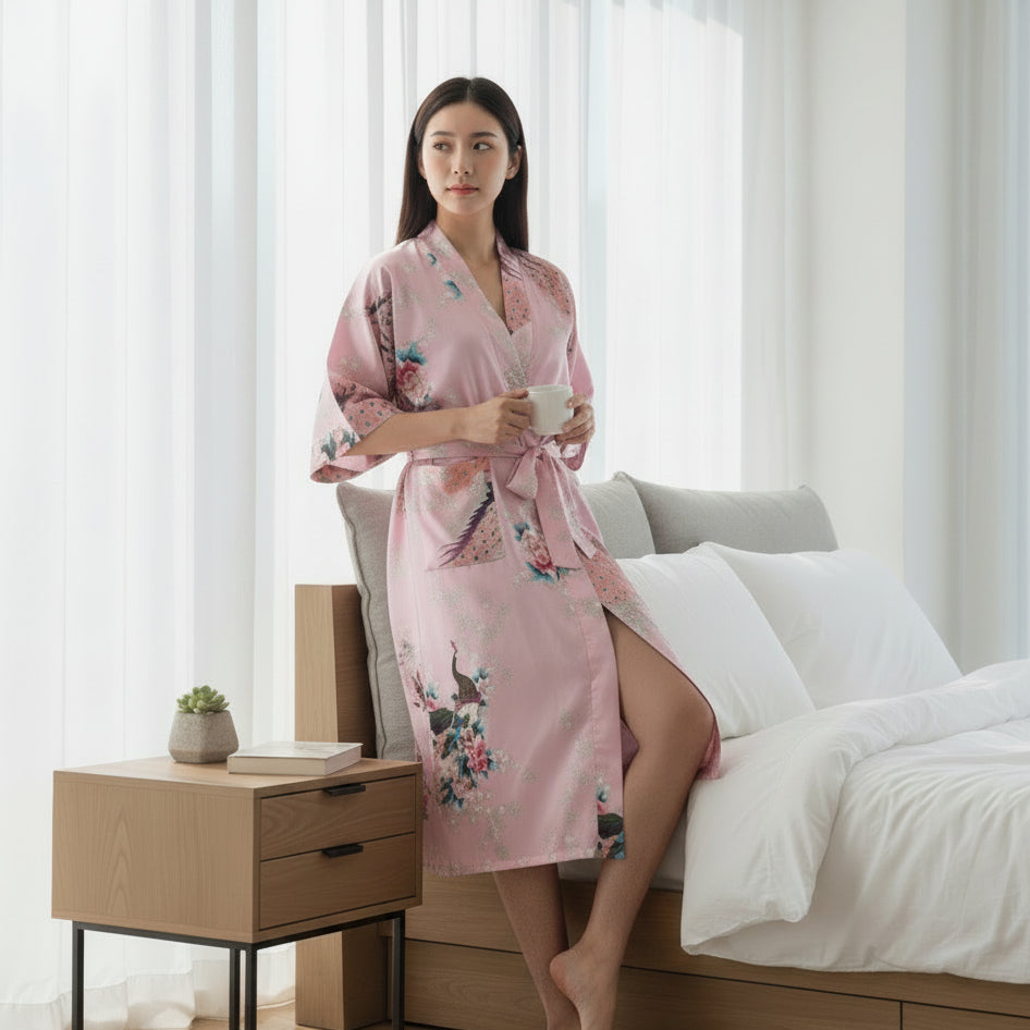 Kimono Long Satin Fleuri Femme - Confort & Élégance
