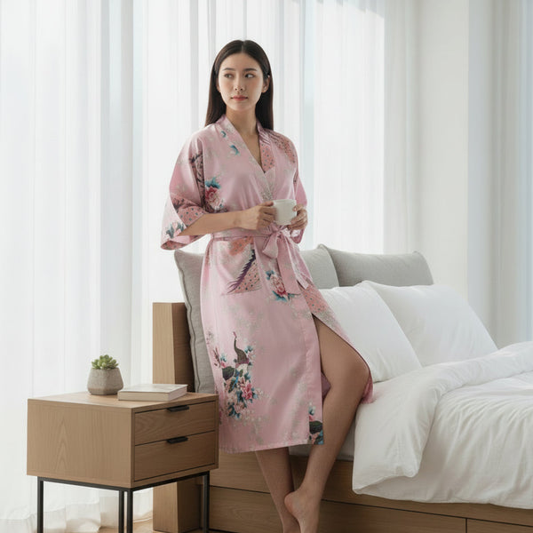 Kimono Long Satin Fleuri Femme - Confort & Élégance