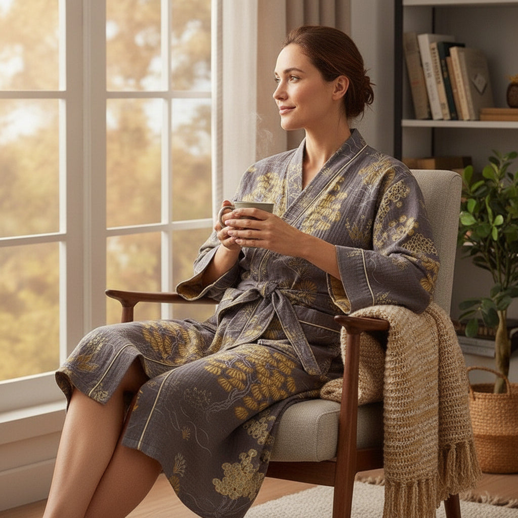 Kimono Mi-long Fleuri en Coton pour Femme - Style Décontracté