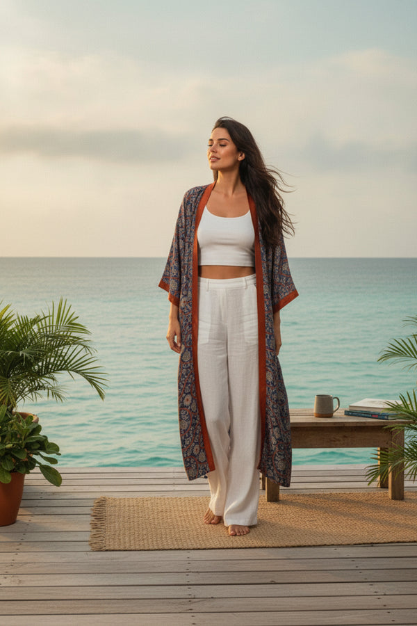 Kimono Long Bohème Imprimé Polyester Femme - Style Léger et Fleuri