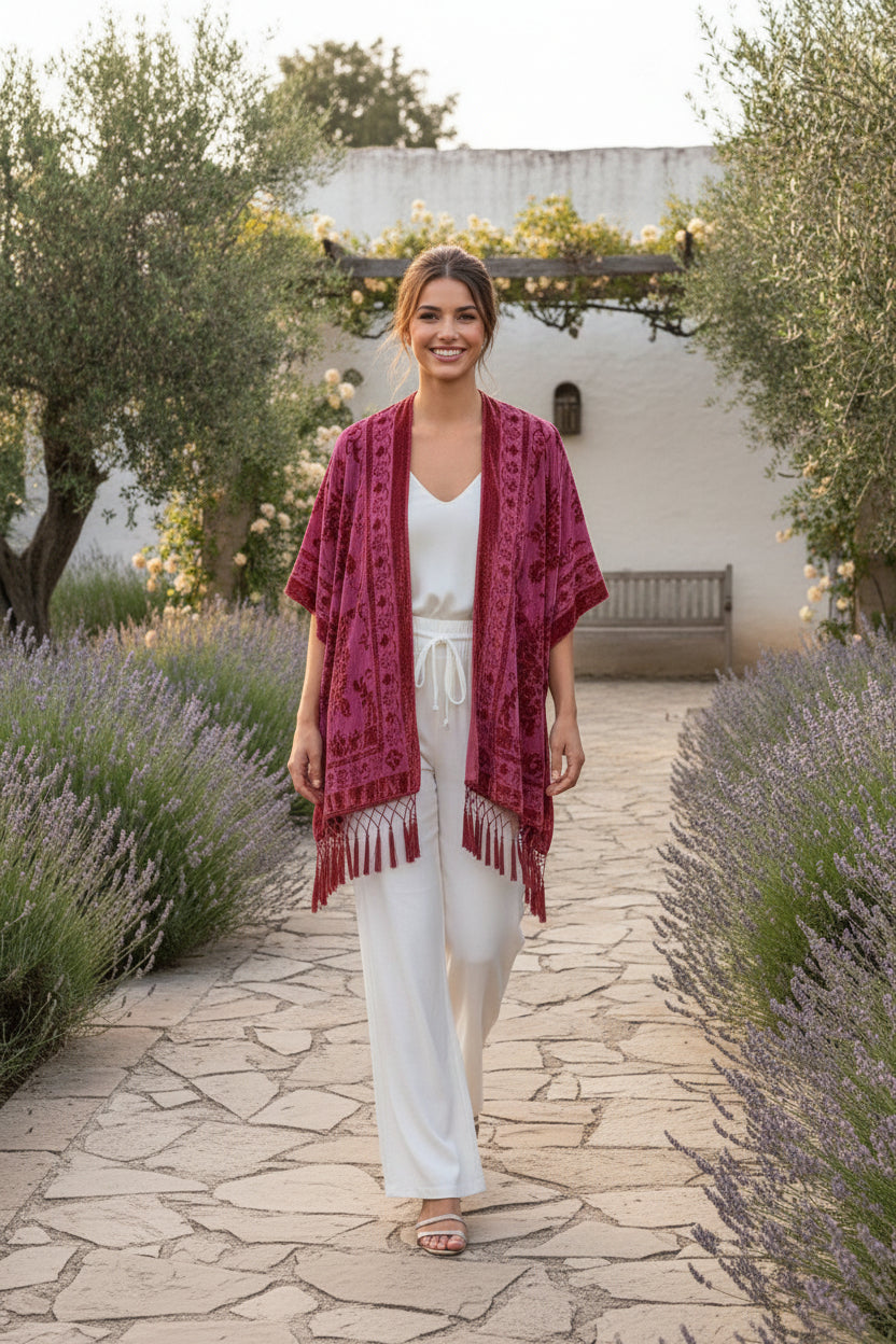 Kimono Court Fleuri en Nylon et Velours pour Femme - Style National