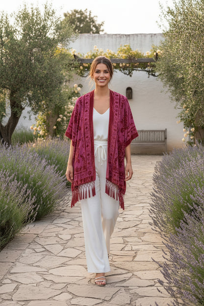 Kimono Court Fleuri en Nylon et Velours pour Femme - Style National