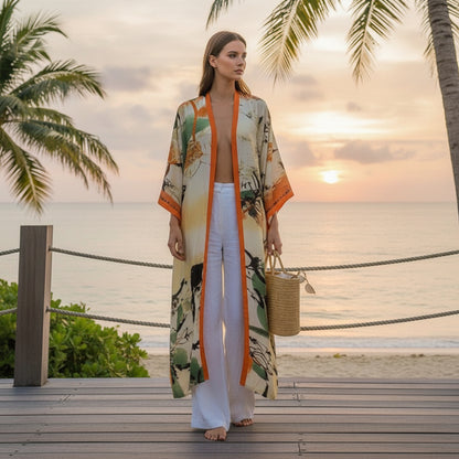 Kimono Long Bohème Imprimé Polyester Léger Femme