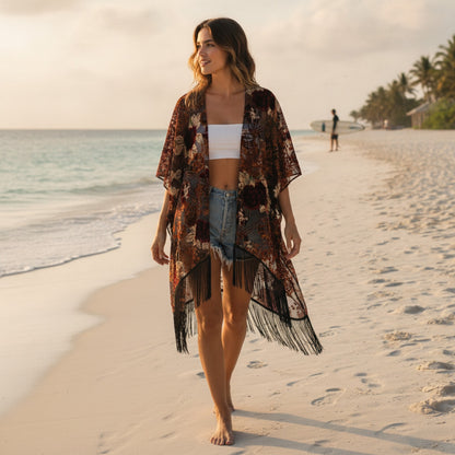 Kimono Court Fleuri en Nylon et Velours pour Femme