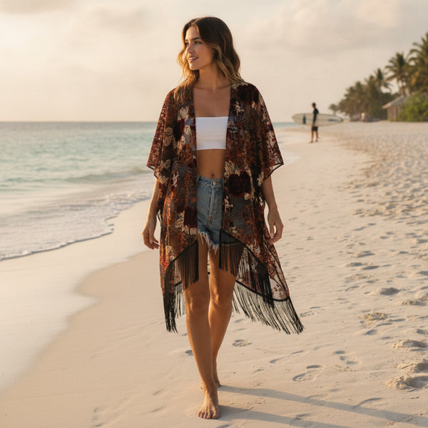 Kimono Court Fleuri en Nylon et Velours pour Femme