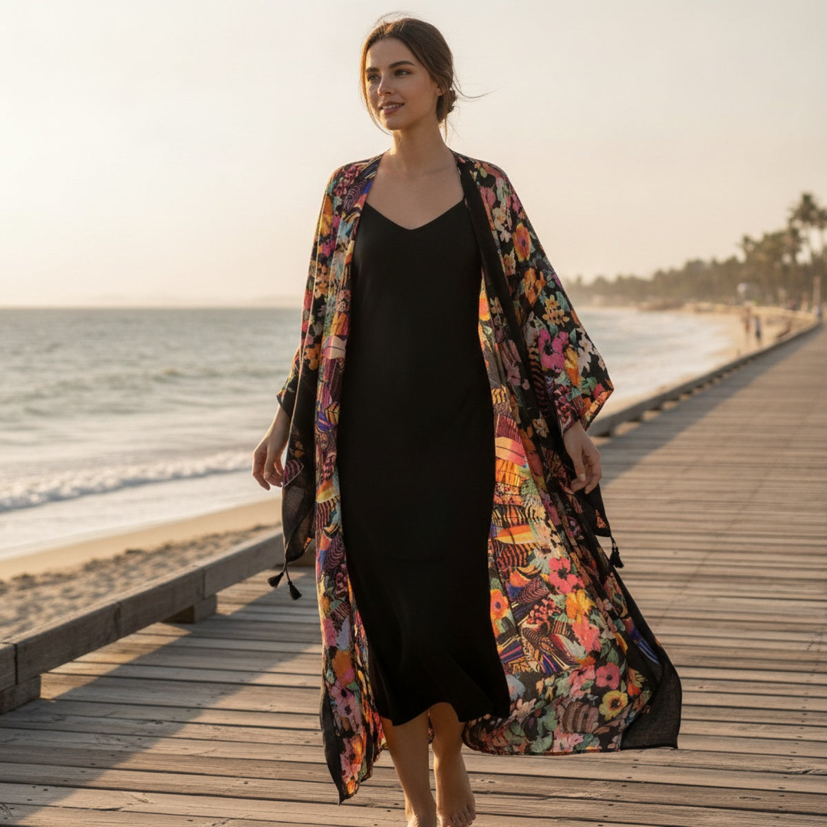 Kimono Long Bohème Femme Motif Floral "Coton Feeling" - Collection Été