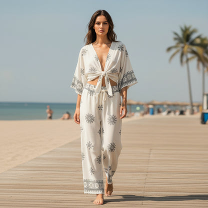 Ensemble Bohème Fleuri Femme : Haut V-Neck et Pantalon Large