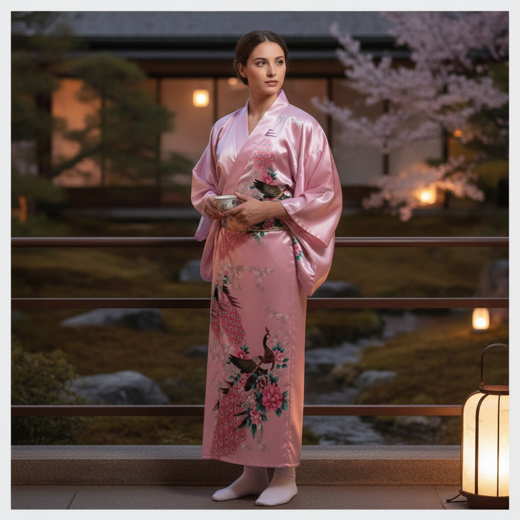 Kimono Femme Traditionnel Satiné Long Fleuri - NIUNIUSHOW