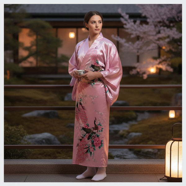 Kimono Femme Traditionnel Satiné Long Fleuri - NIUNIUSHOW