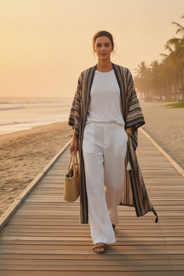 Kimono Long Bohème Femme Motif Ethnique Beige