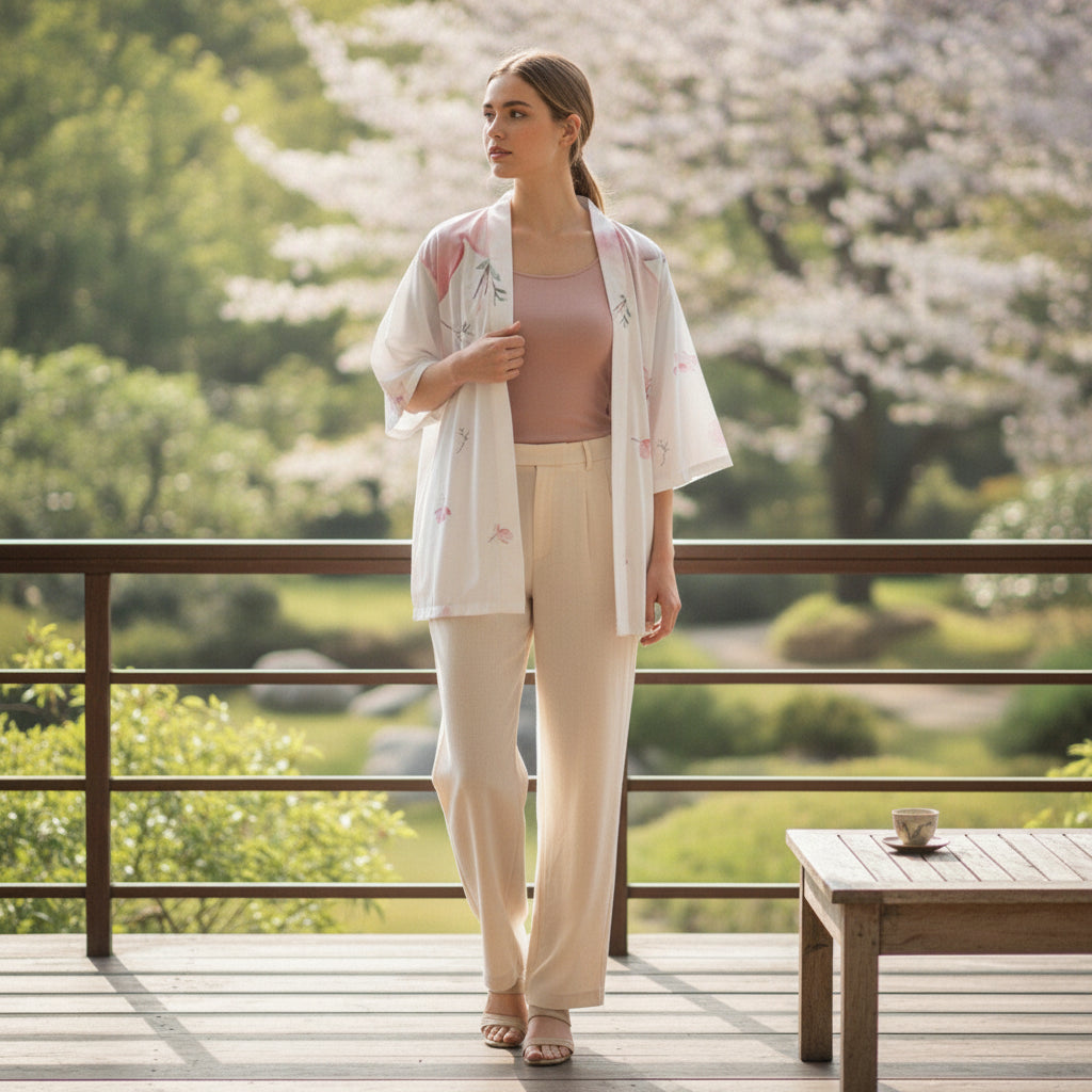 Kimono Femme Court Style Sakura & Papillon - Polyester Léger et Respirant