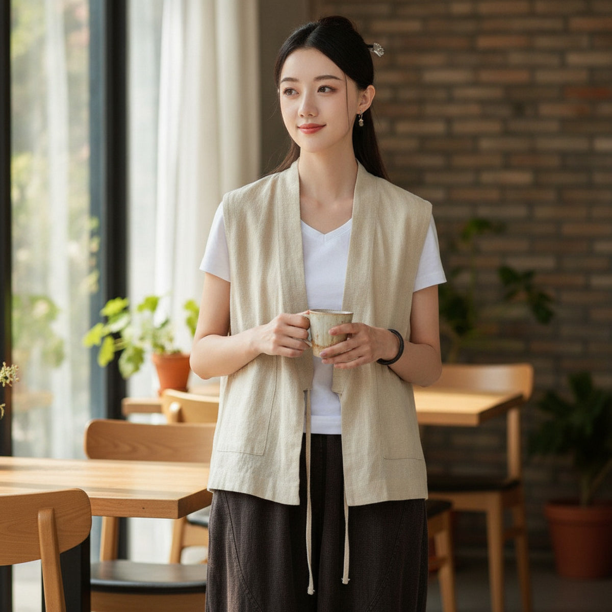 Cardigan Sans-Manche Femme V-Neck en Coton et Lin - Plusieurs Couleurs