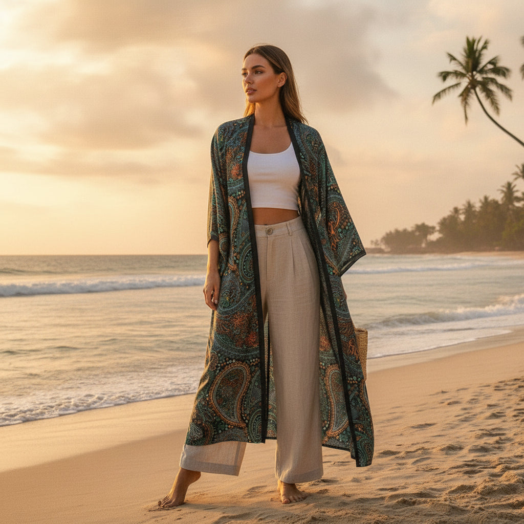 Kimono Long Bohème Imprimé Polyester Femme - Style Léger et Fleuri