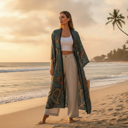 Kimono Long Bohème Imprimé Polyester Femme - Style Léger et Fleuri