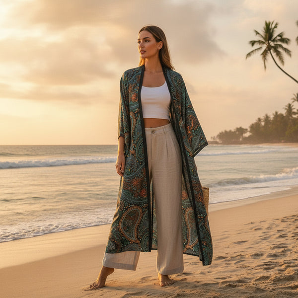 Kimono Long Bohème Imprimé Polyester Femme - Style Léger et Fleuri