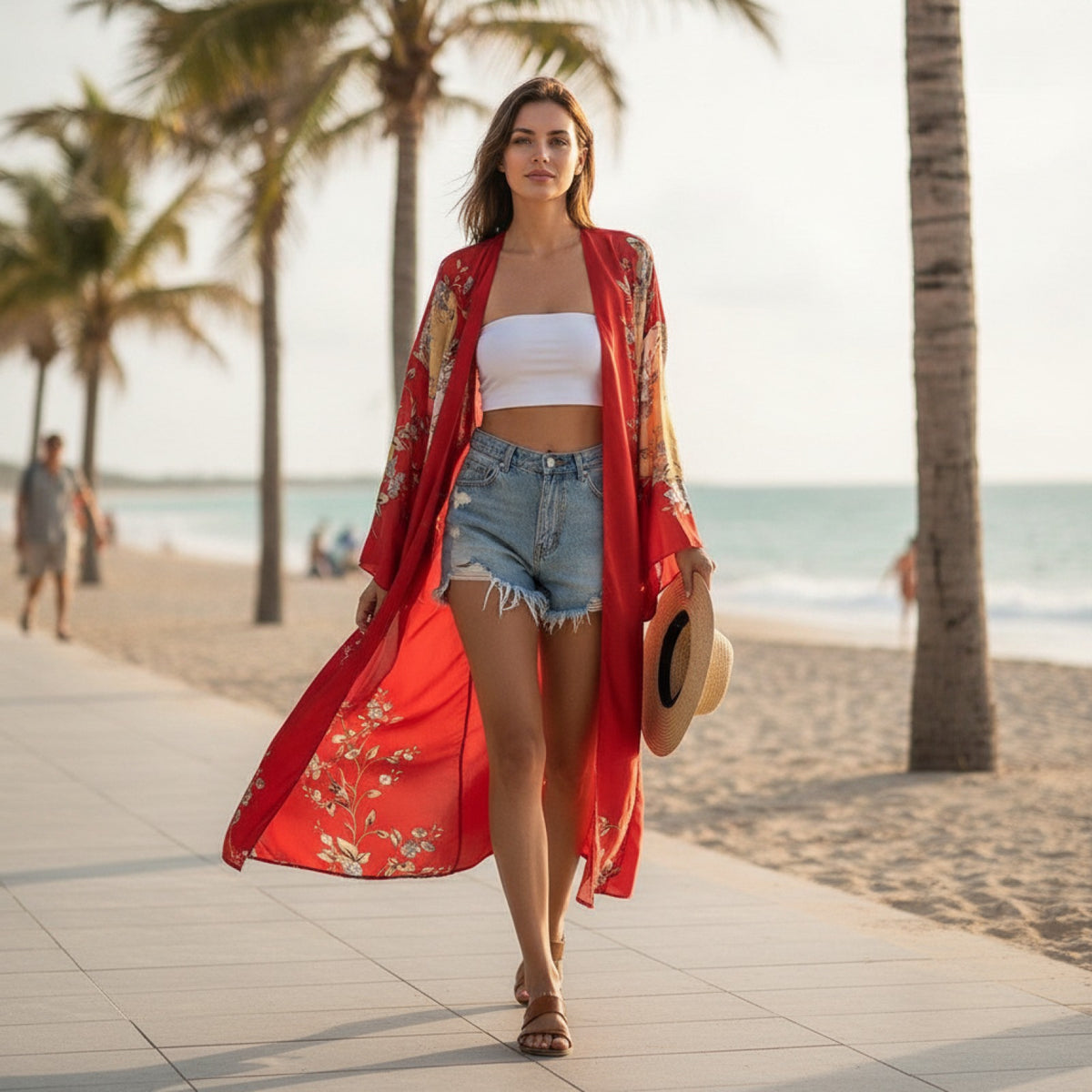 Kimono Long Bohème Imprimé Polyester Femme - Style Léger et Fleuri