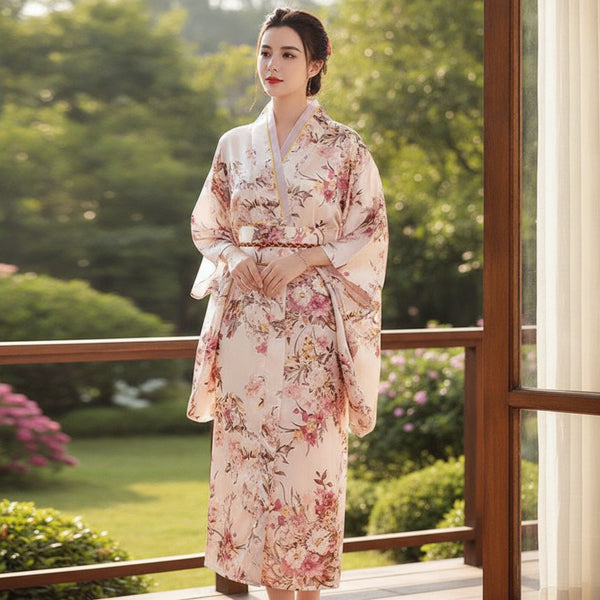 Kimono Femme Traditionnel Satiné Long Fleuri - Taille Unique