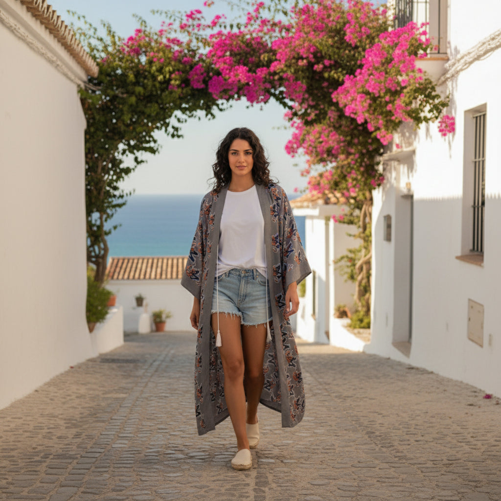 Kimono Long Bohème Femme Imprimé Fleuri Style Bohémien