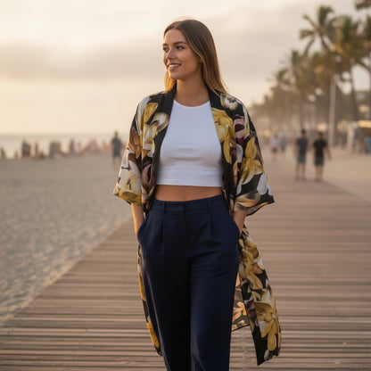 Kimono Long Bohème Imprimé Polyester Femme - Style Léger et Fleuri