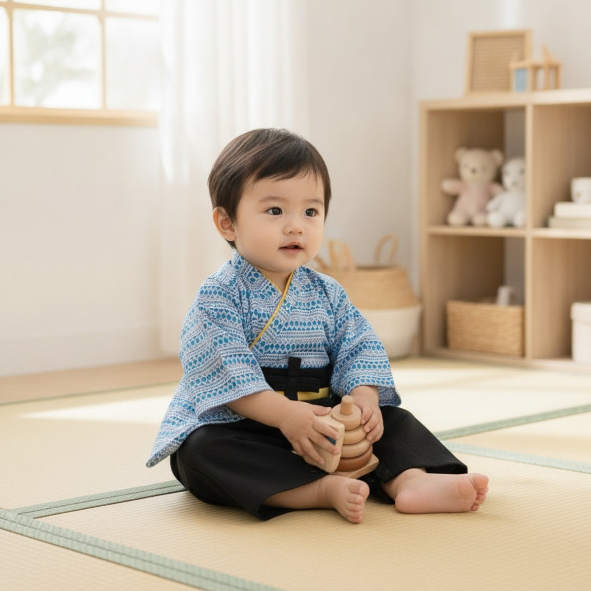 Ensemble Kimono et Pantalon Bébé Garçon Style Japonais Fleuri