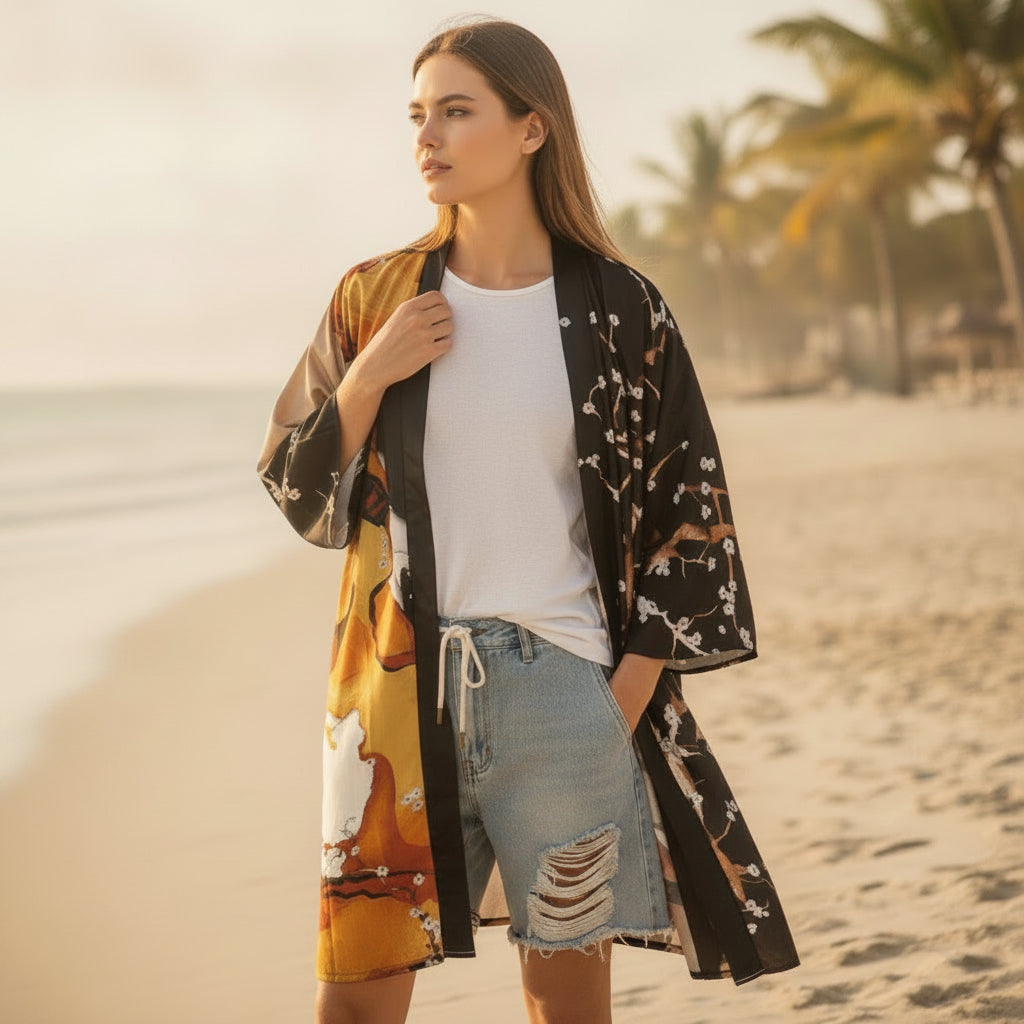 Kimono Long Femme Style Bohème Imprimé Polyester
