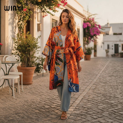 Kimono Long Bohème Imprimé Polyester Femme - Style Léger